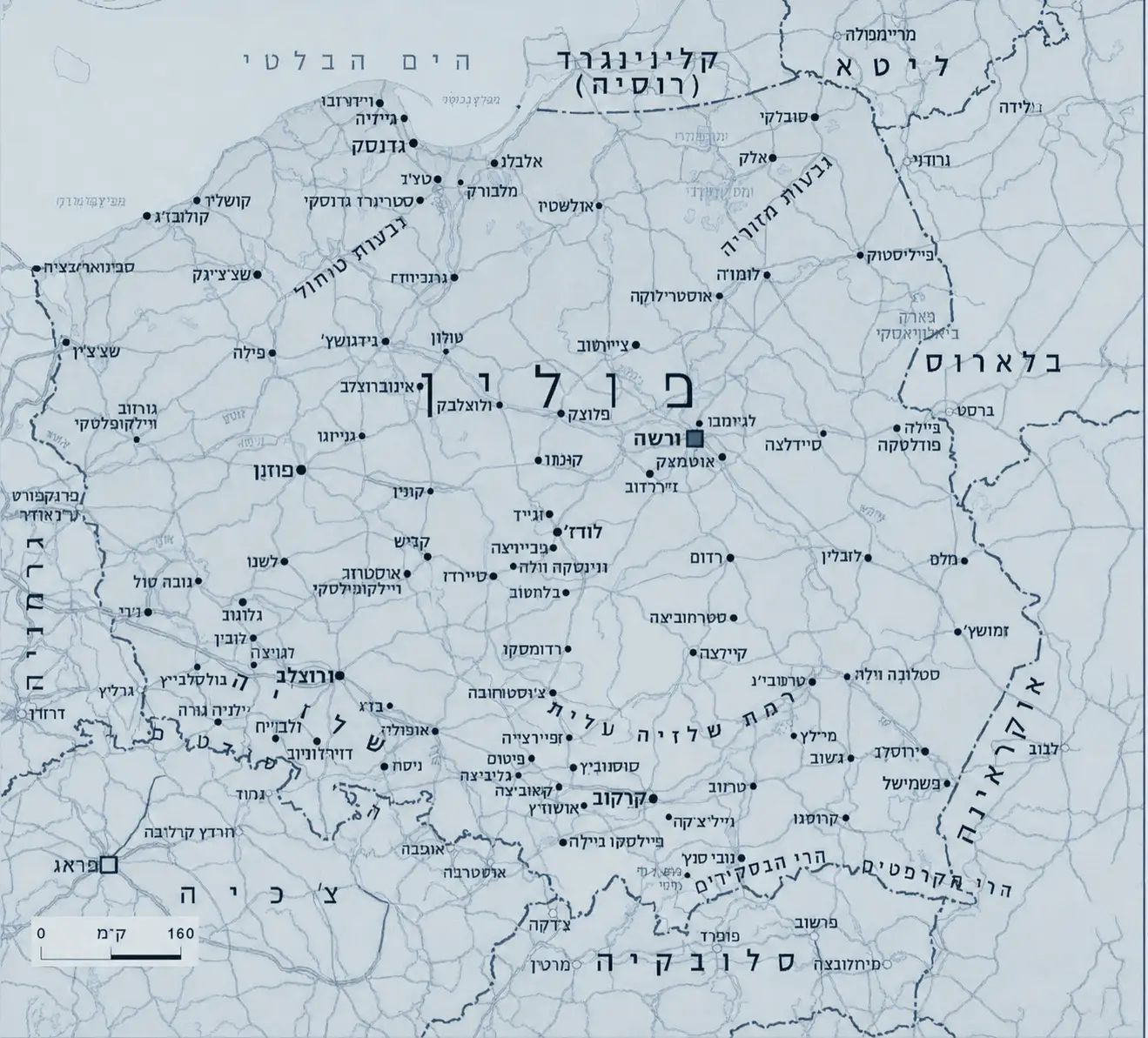 מפת פולין — ורשה, טיקוצ׳ין, לובלין, אושוויץ, קרקוב